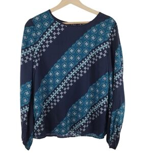 Talbots Blouse Medium Blue Teal Long Sleeve Keyhole Rayon Geometric